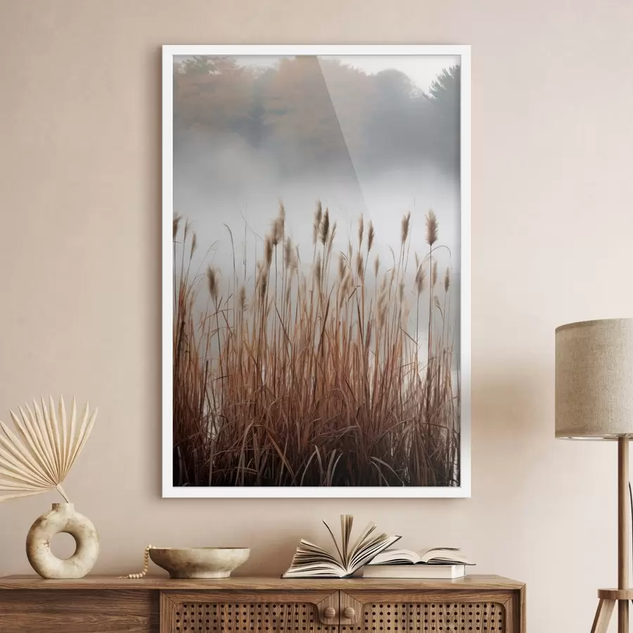 Fototapetes Augsti niedres, kas aug ūdenstilpē, ūdens atspoguļo niedres, miglains fons, maiga gaisma, dabas skats f46696