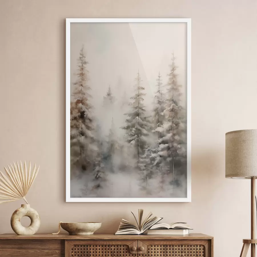 Fototapetes Augstas, sniega klātas priedes, kas stāv miglas apņemtā mežā, maiga, klusa ziemas ainava f46701