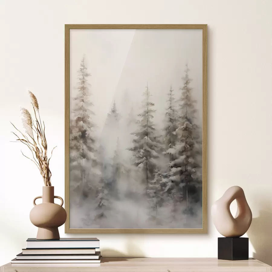 Fototapetes Augstas, sniega klātas priedes, kas stāv miglas apņemtā mežā, maiga, klusa ziemas ainava f46701
