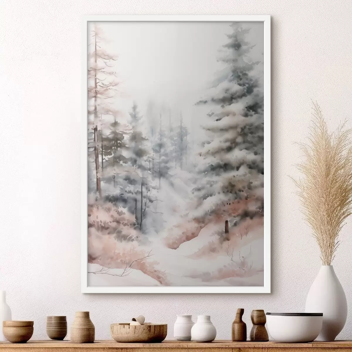 Plakāts Augstas, sniega klātas priedes, kas stāv miglas apņemtā mežā, maiga, klusa ziemas ainava f46702