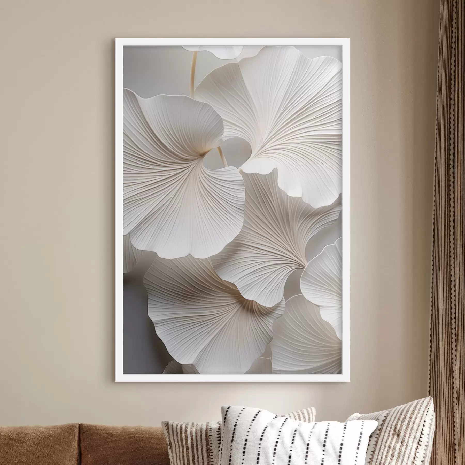 Fototapetes Baltas ginkgo biloba lapas ar izteiktām vēnām, maigu apgaismojumu, teksturētu elegantu un minimālistisku dizainu f46705