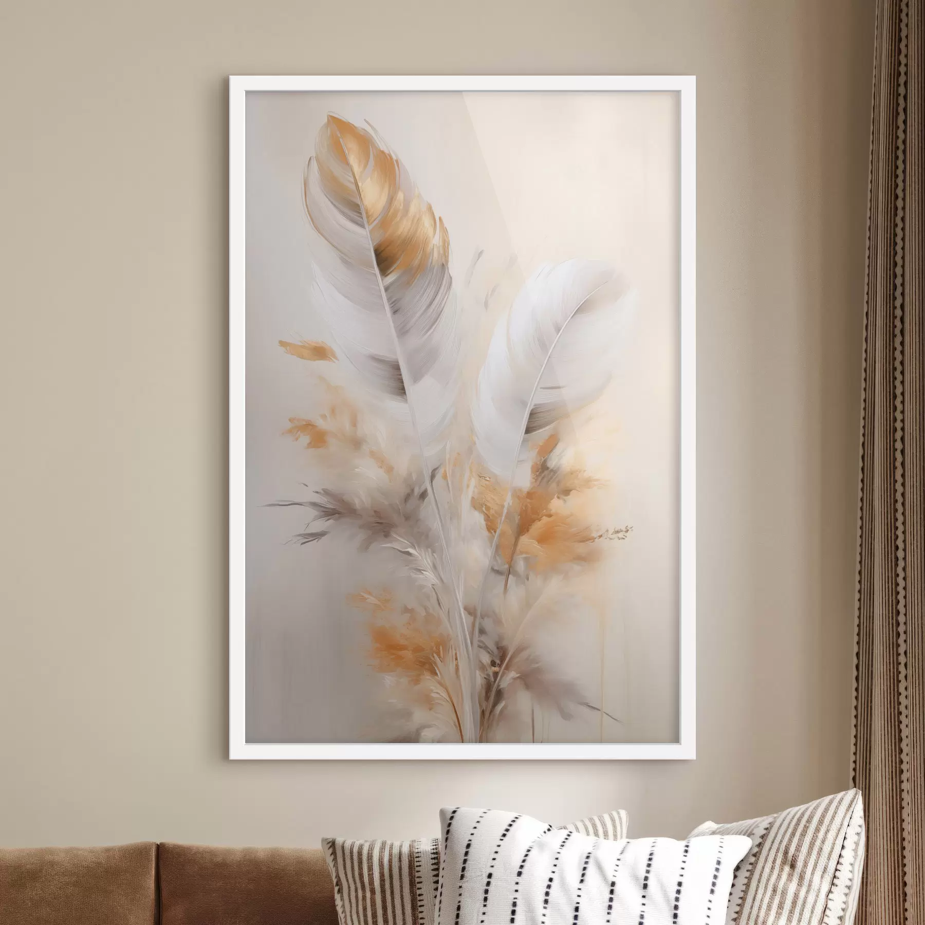 Fototapetes Abstraktas spalvas, apņemtas ar smilškrāsas un brūnas plūmas, maigas un delikātas, uz gaiši smilškrāsas fona f46711