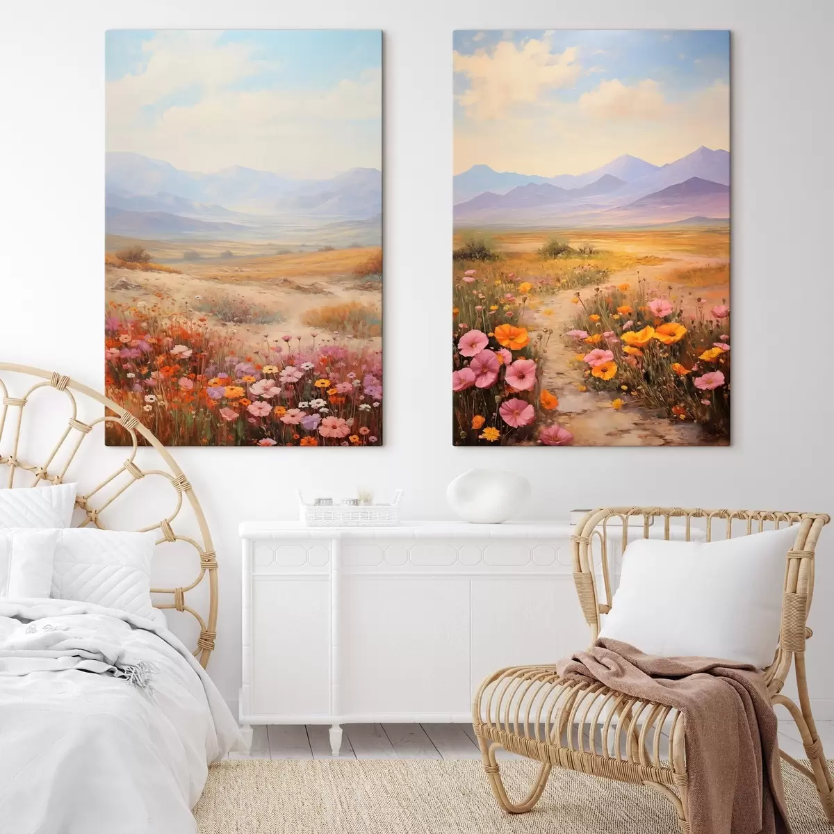 Glezna Ainava, krāsainu ziedu lauks ar kalniem fonā, maigas un pasteļtoņos krāsas m01003