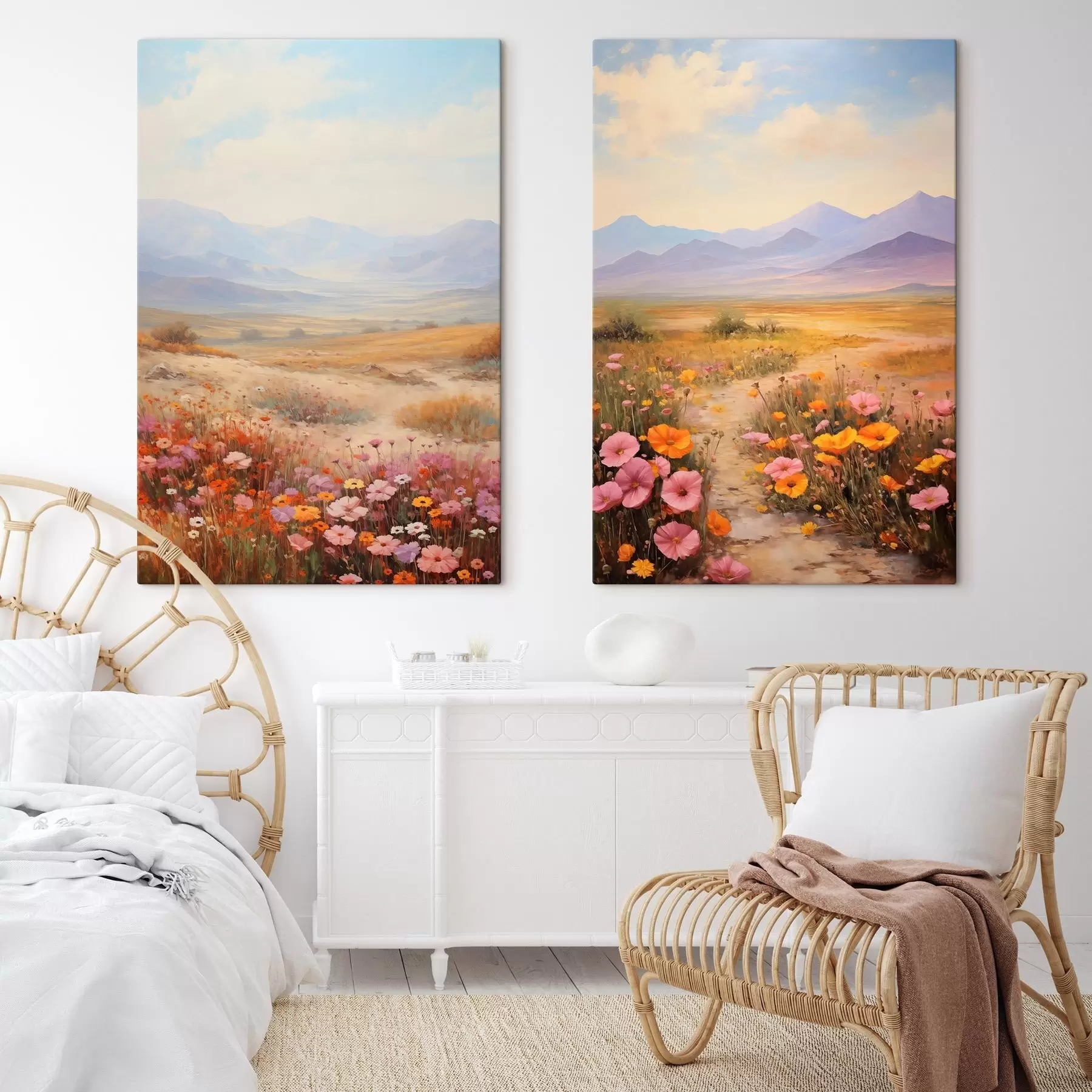 Glezna Ainava, krāsainu ziedu lauks ar kalniem fonā, maigas un pasteļtoņos krāsas m01003