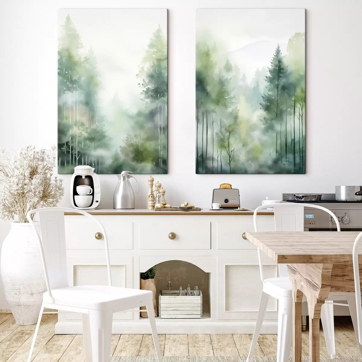 Glezna Akvareļa glezna, kas imitē abstraktu mežu ar augstiem kokiem un zaļām lapām, maigās, klusās krāsās m01005