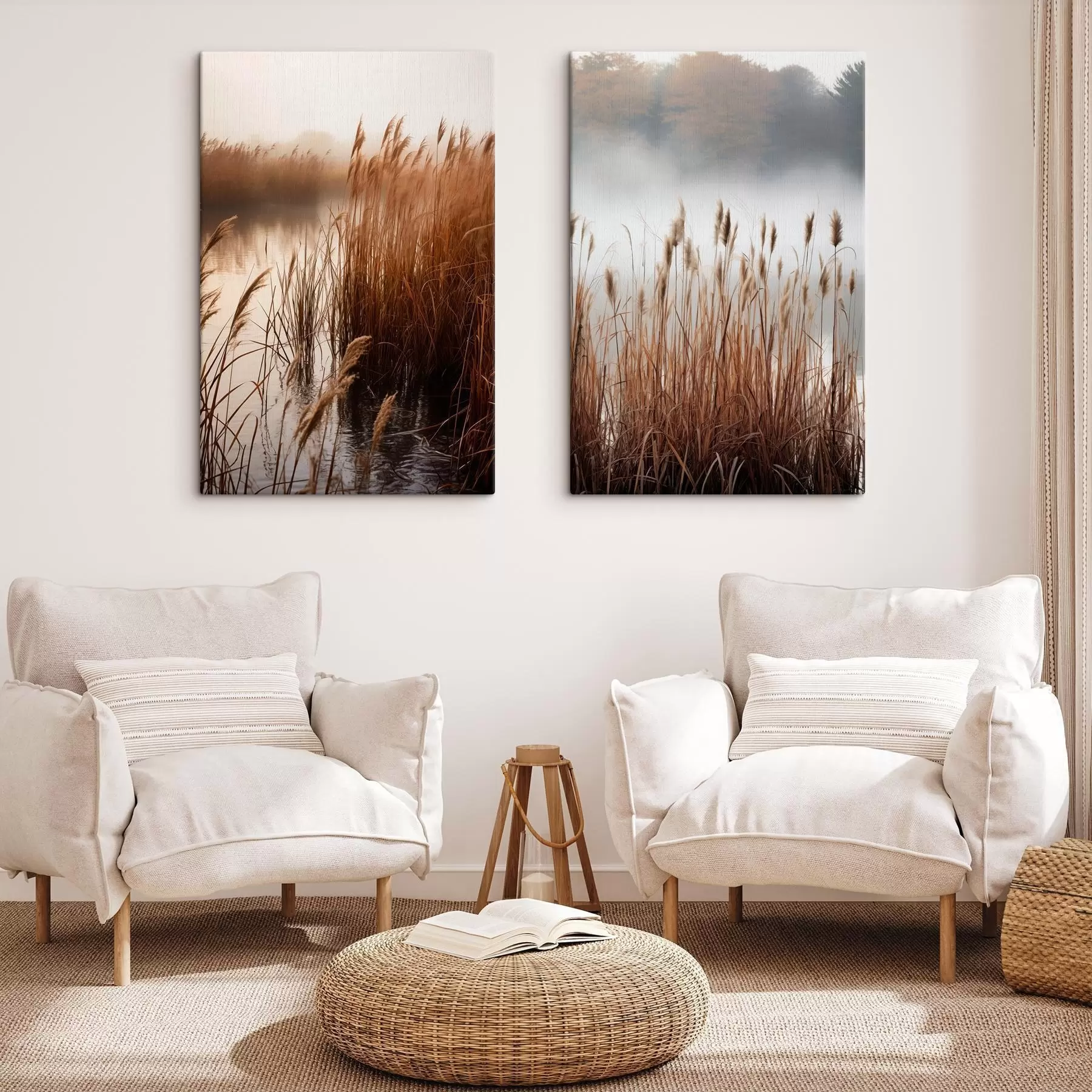 Glezna Augsti niedres, kas aug ūdenstilpē, ūdens atspoguļo niedres, miglains fons, maiga gaisma, dabas skats m01008