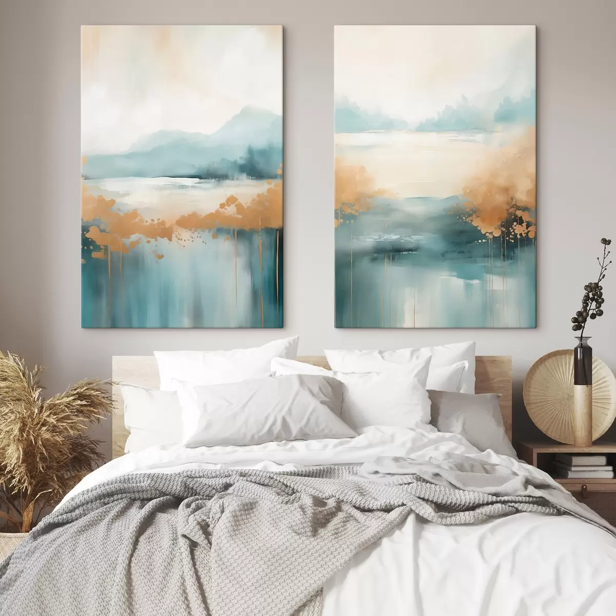 Glezna Abstrakts ainavas ar kalniem un ezeru zilgani zaļā un teksturētā dzeltenā krāsā, maigi otas triepieni, minimālisma mākslas darbs m01012