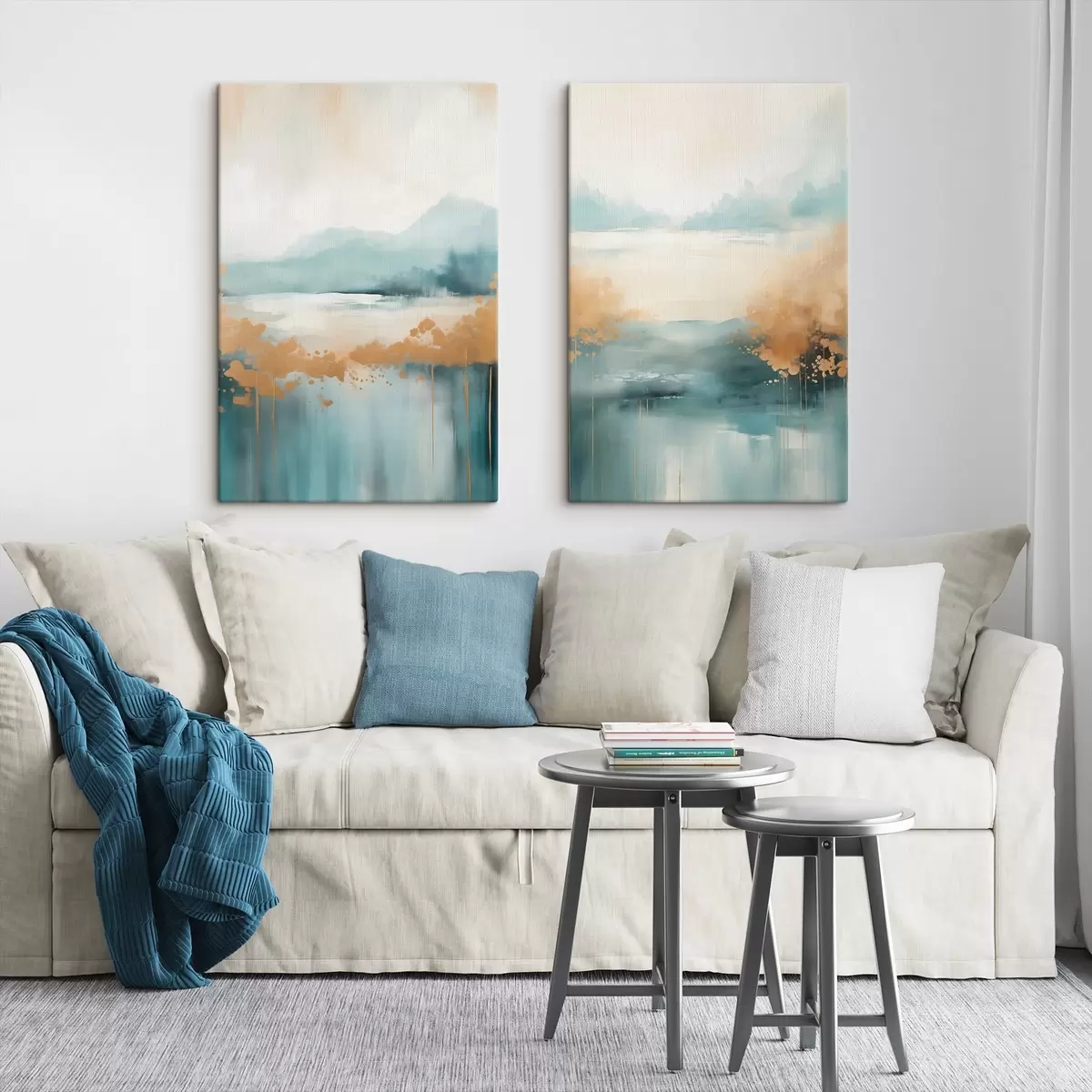 Glezna Abstrakts ainavas ar kalniem un ezeru zilgani zaļā un teksturētā dzeltenā krāsā, maigi otas triepieni, minimālisma mākslas darbs m01012