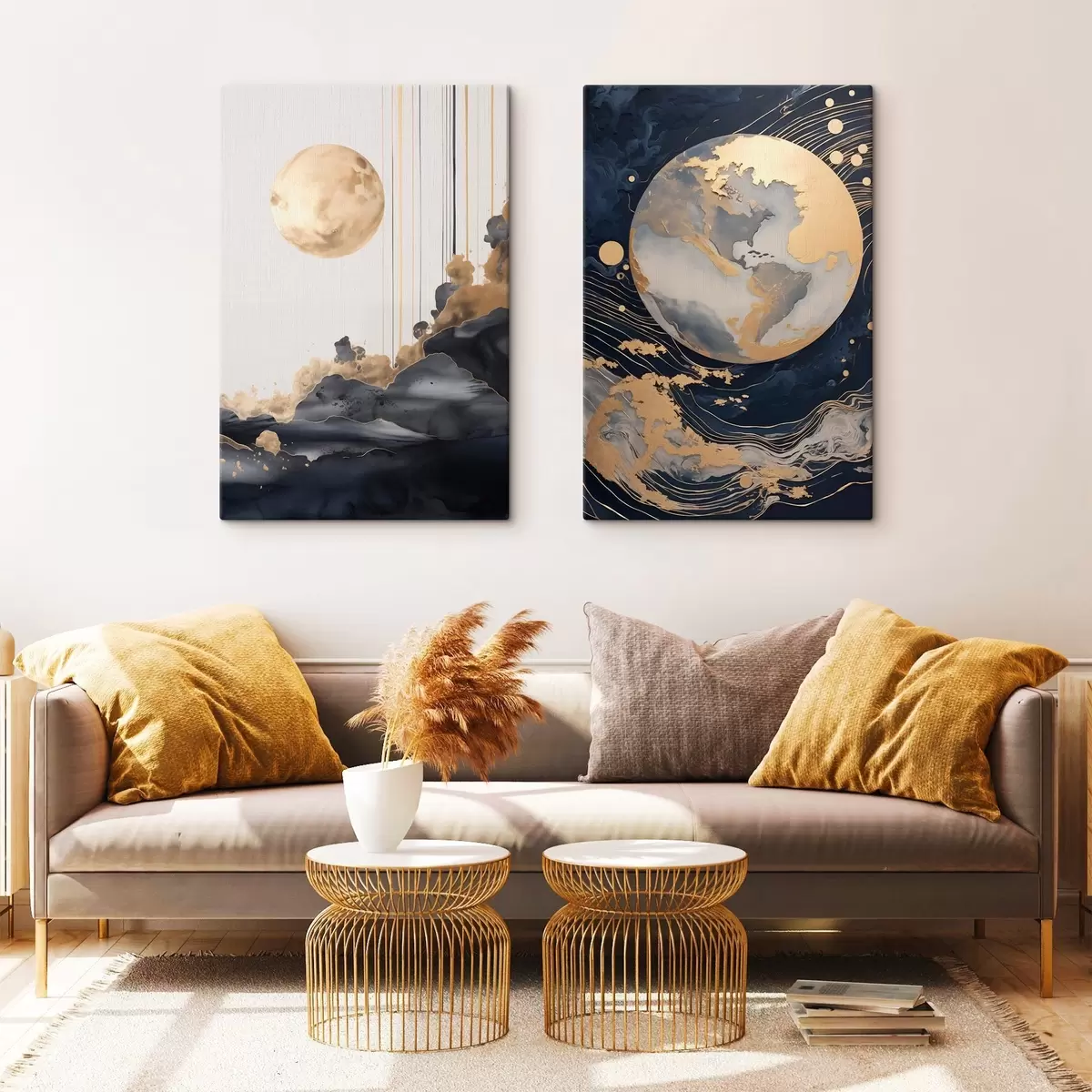 Glezna Teksturēta dekoratīva planēta kosmosā ar dzeltenām līnijām un punktiem, abstrakts stils, minimālisma un moderns m01014