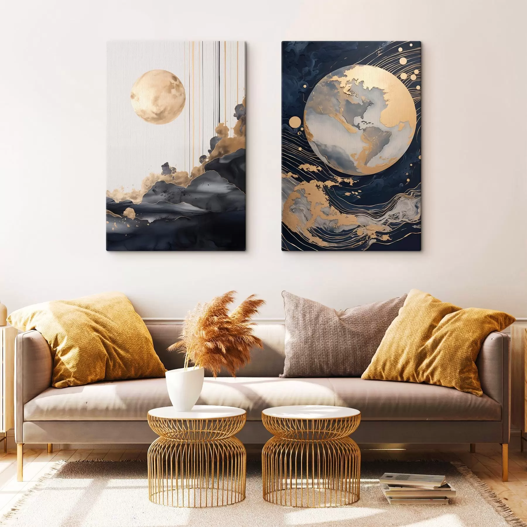 Glezna Teksturēta dekoratīva planēta kosmosā ar dzeltenām līnijām un punktiem, abstrakts stils, minimālisma un moderns m01014