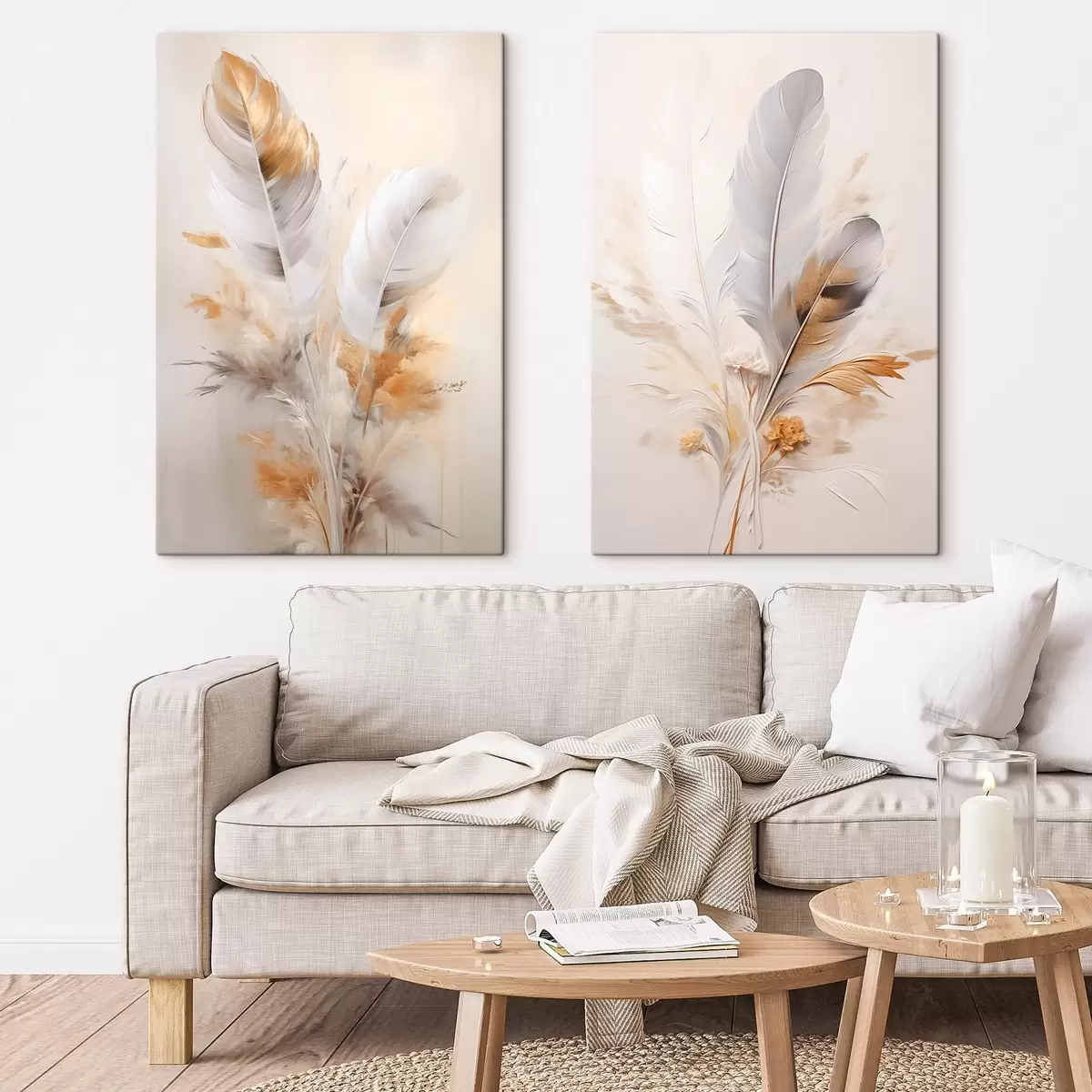 Glezna Abstraktas spalvas, apņemtas ar smilškrāsas un brūnas plūmas, maigas un delikātas, uz gaiši smilškrāsas fona. m01016