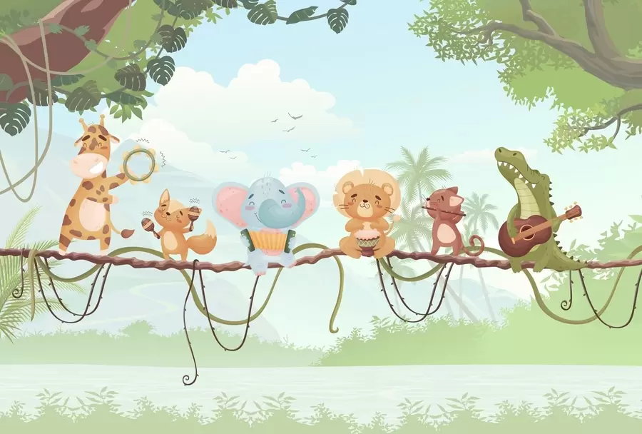 Fototapetes Dzīvnieki ar mūzikas instrumentiem tropu ainavas fonā w04505