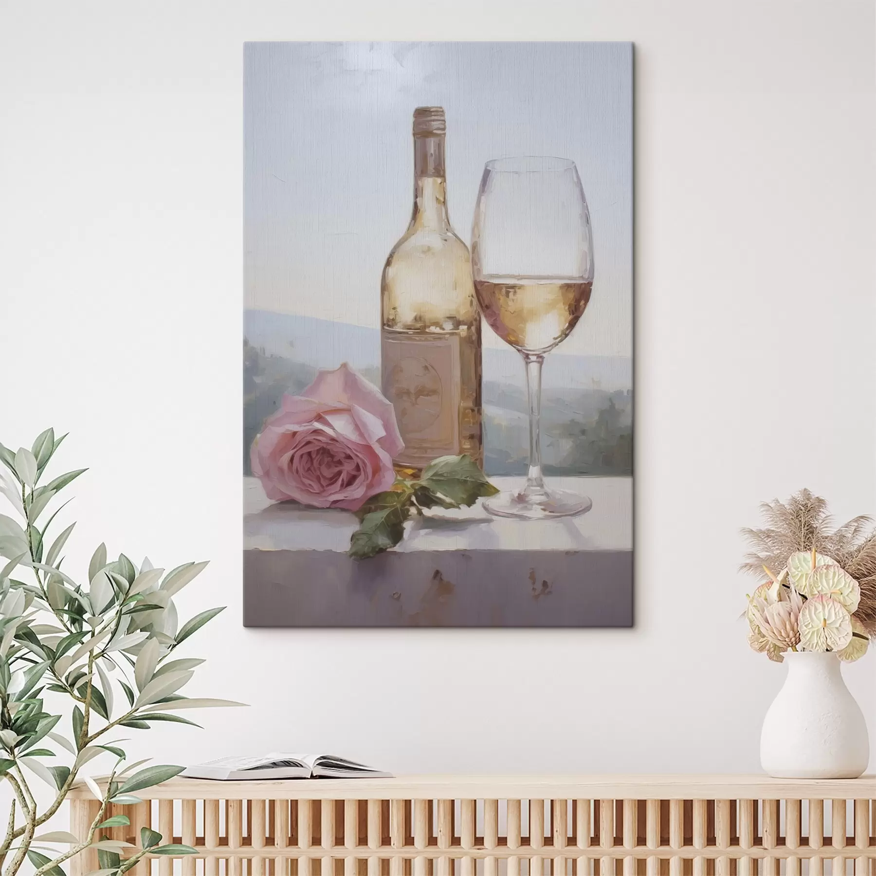 Glezna Pudele un glāze vīna un mazs suns ar brillēm, imitācijas glezna s46721