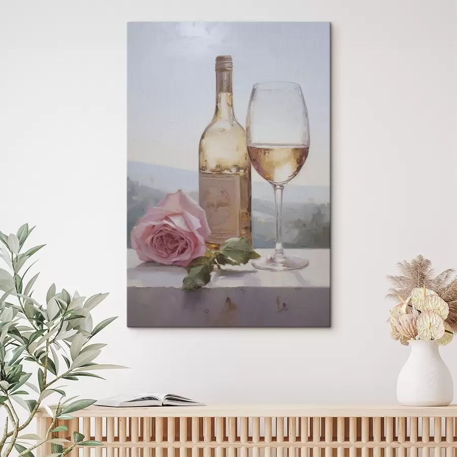 Glezna Pudele un glāze vīna un mazs suns ar brillēm, imitācijas glezna s46721