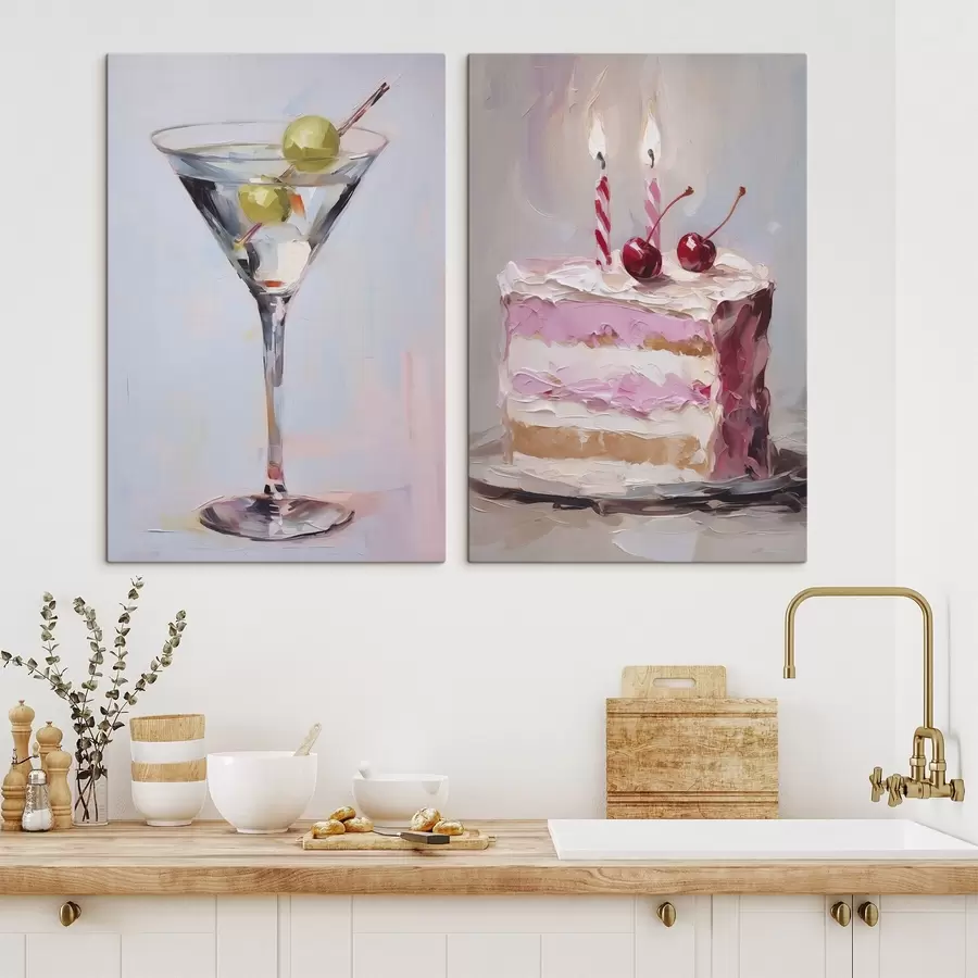 Glezna Stikla glāze ar dzērienu un gabaliņu kūkas imitācijas glezna m01019