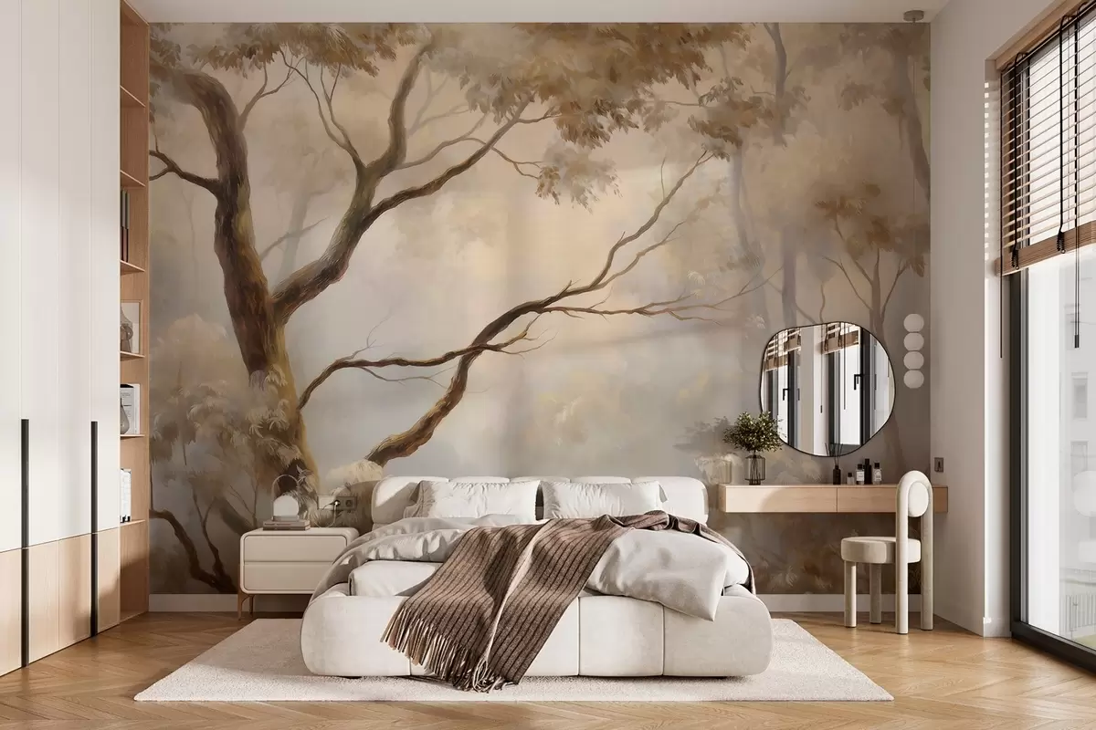 Fototapetes Mežs vieglas rīta miglas apņemts. Delikāta atmosfēriska glezna mākslinieciskā ainavas stilā. w04817