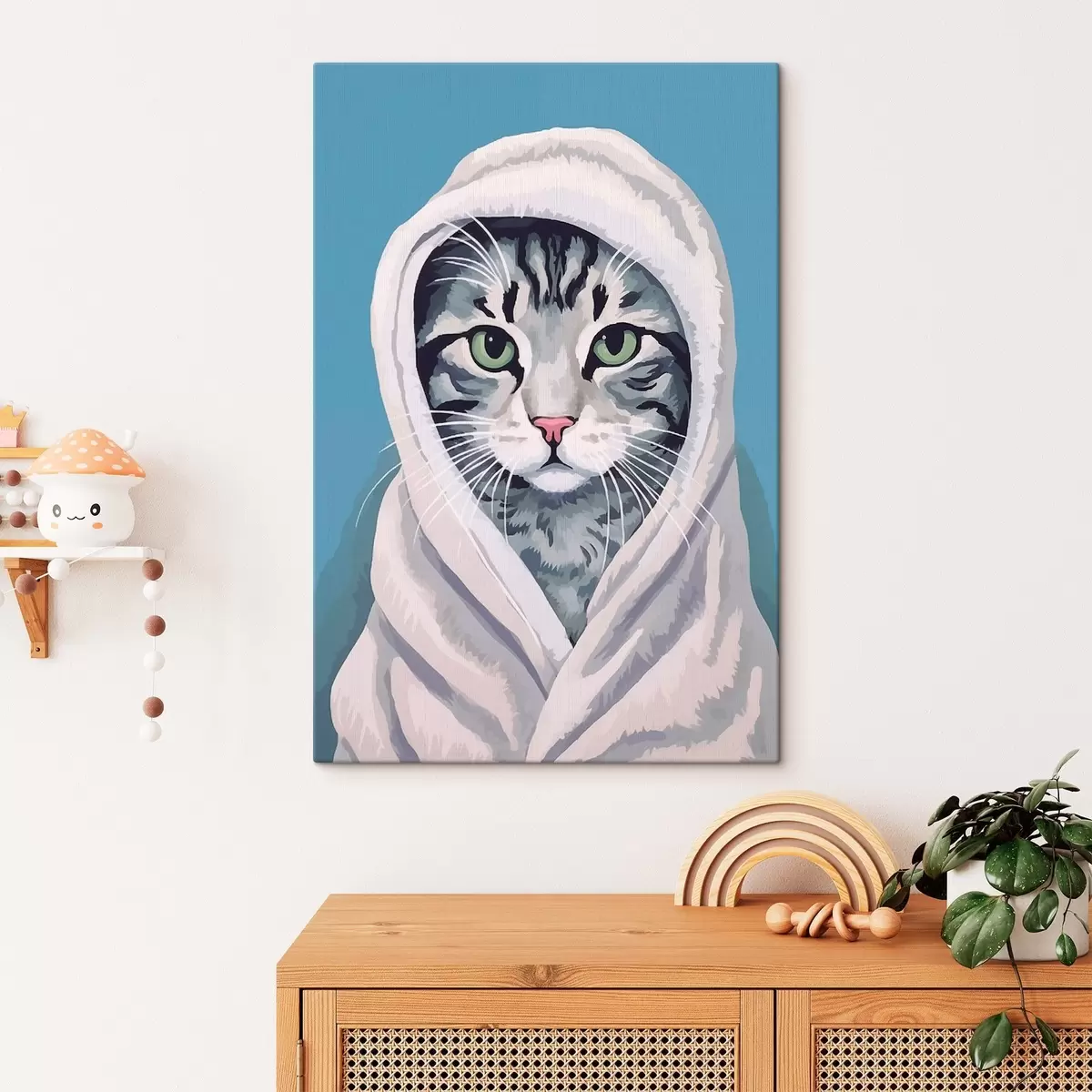 Glezna Svītraina kaķe baltā dvielī s46740