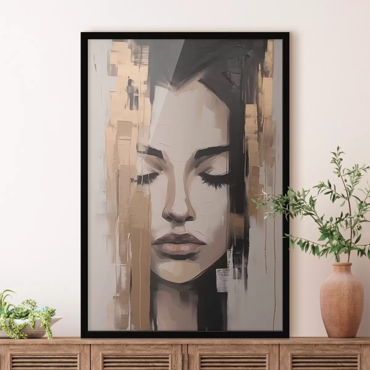 Plakāts Sievietes portrets. Abstrakta gleznojuma triepieni f46733