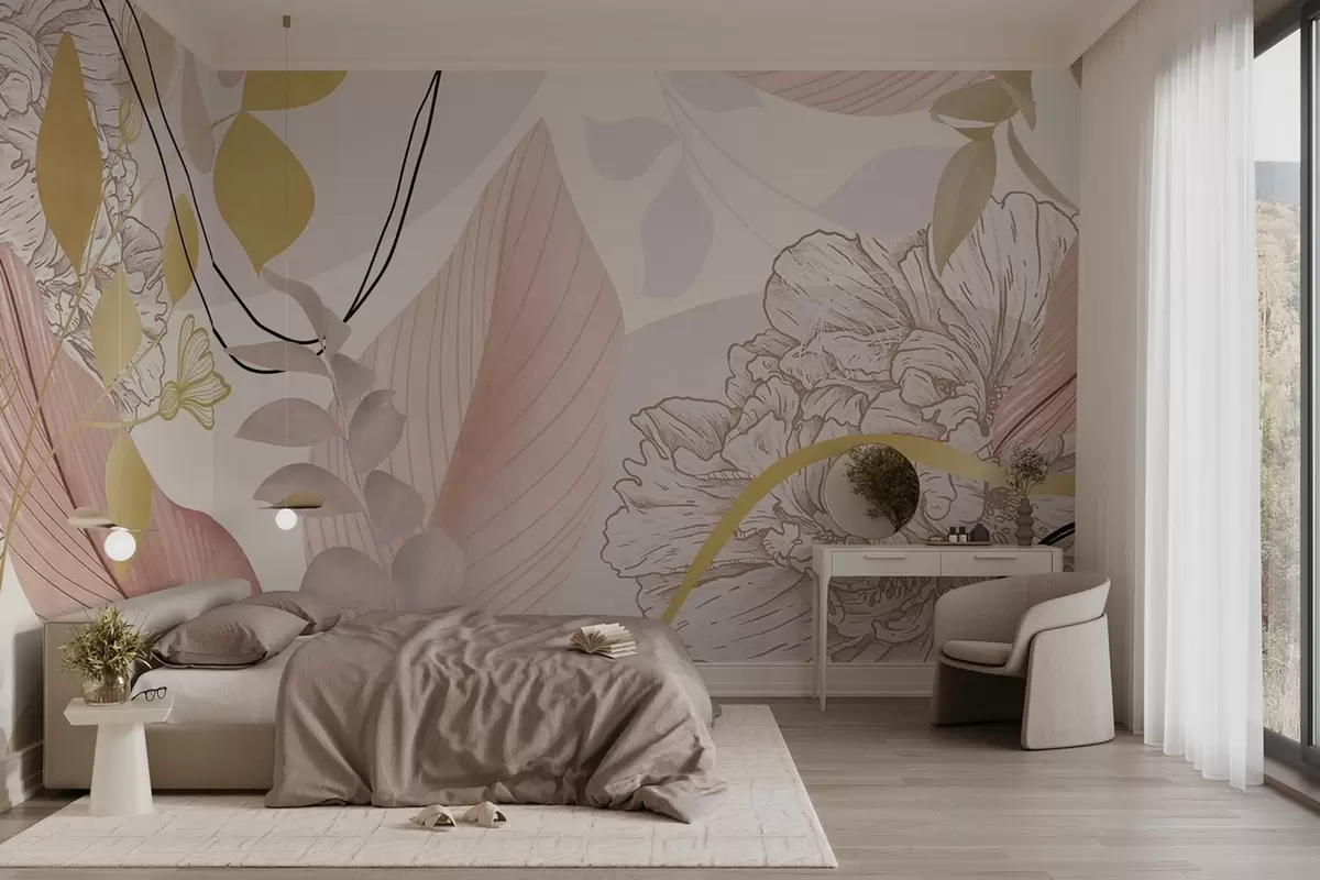 Fototapetes Abstrakts ziedu raksts ar lielām lapām klusināti rozā un dzeltenā krāsā ar plānām melnām līnijām un baltiem ziedu kontūriem. w09544v1