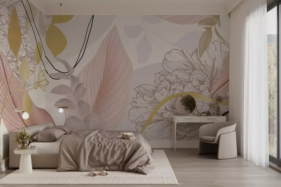 Fototapetes Abstrakts ziedu raksts ar lielām lapām klusināti rozā un dzeltenā krāsā ar plānām melnām līnijām un baltiem ziedu kontūriem. w09544v1