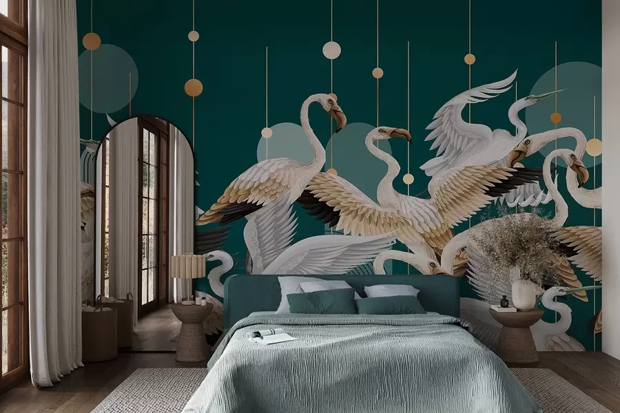 Fototapetes Balta flamingo bars ar maigām spārniem uz tumši zaļgani zilā fona ar dzeltenām līnijām un apļiem w09546