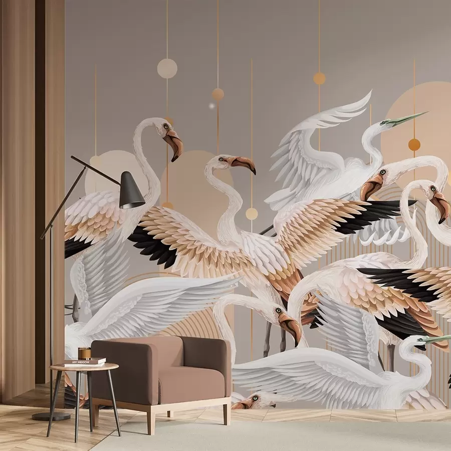 Fototapetes Balta flamingo bars ar delikātiem spārniem uz neitrāla fona ar dzeltenām līnijām un apļiem w09546v1