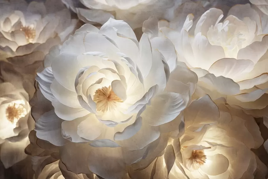 Fototapetes Lieli, balti fantāzijas peoniju ziedi ar dzeltenu centru, maigu apgaismojumu un delikātiem, teksturētiem slāņveida ziedlapām. w09550