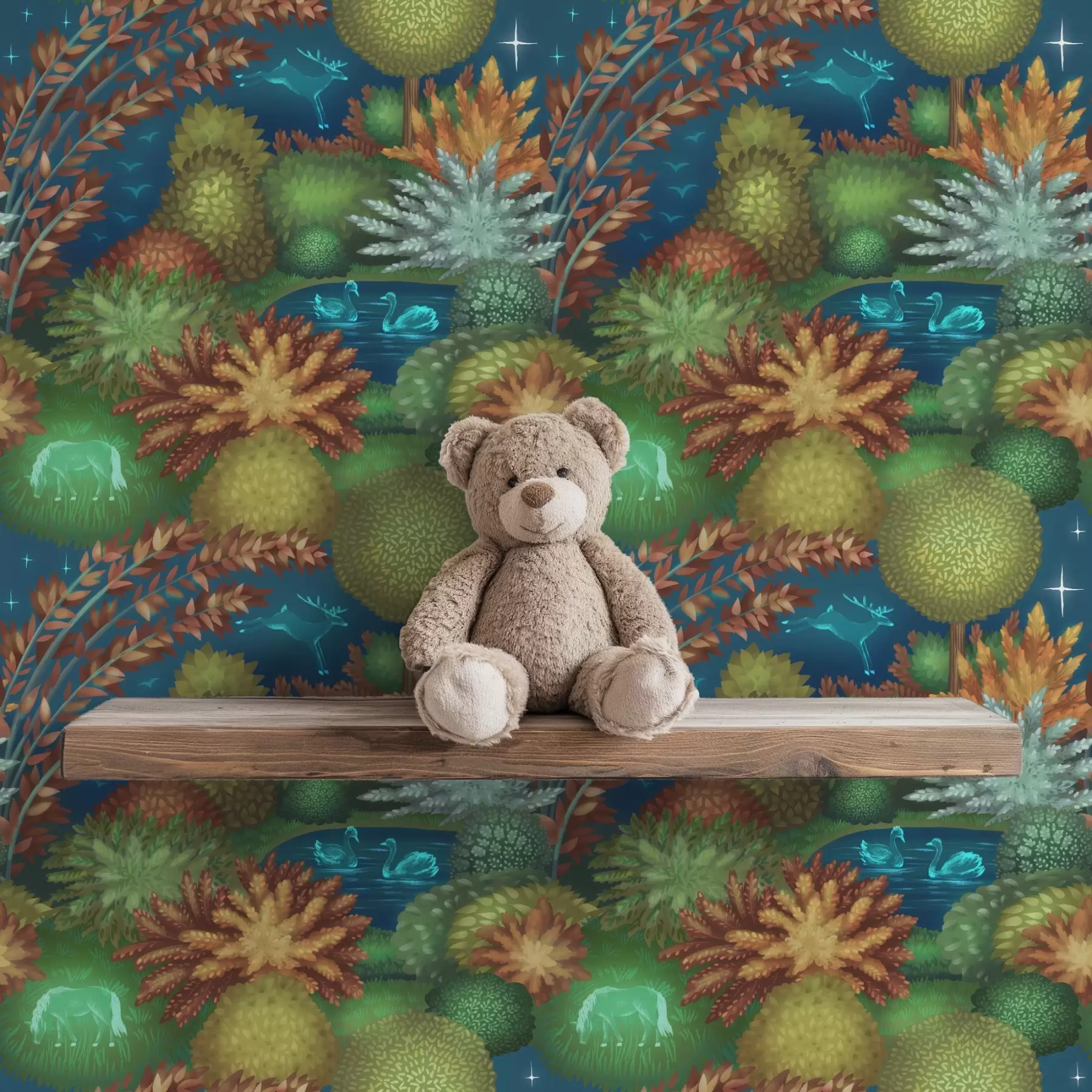 Fototapetes Pasaku nakts dārzs ar ezeru un mirdzošiem dzīvniekiem a00851