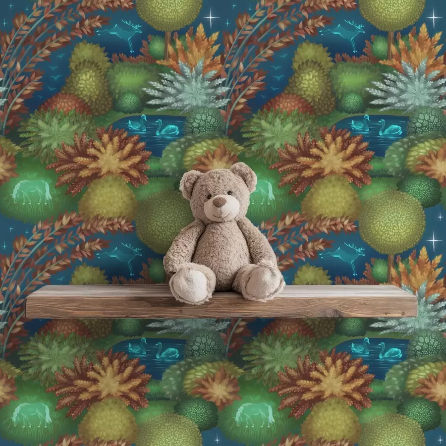 Fototapetes Pasaku nakts dārzs ar ezeru un mirdzošiem dzīvniekiem a00851