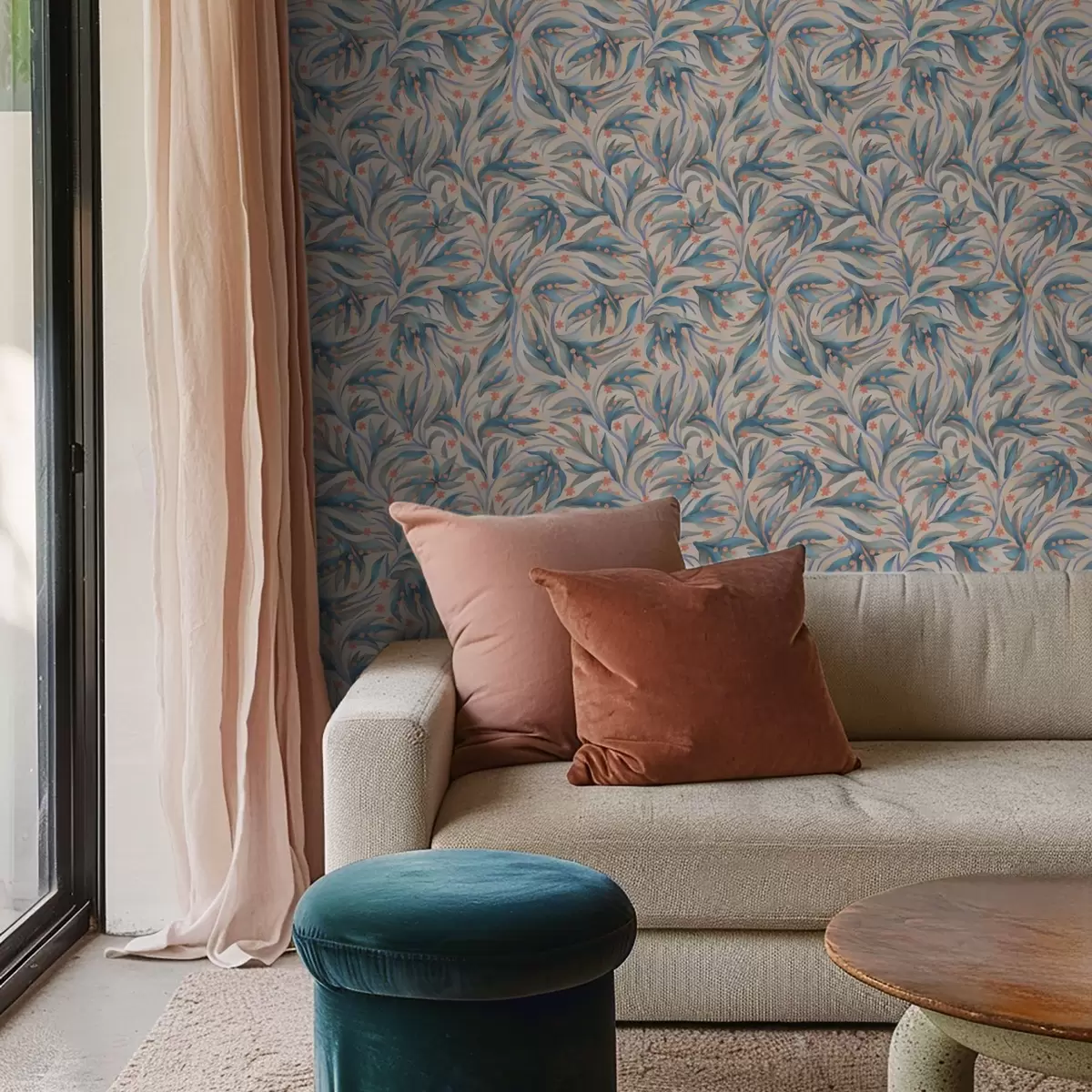 Tapetes Abstrakts zils lapojums ar koraļļu ziediem a00852