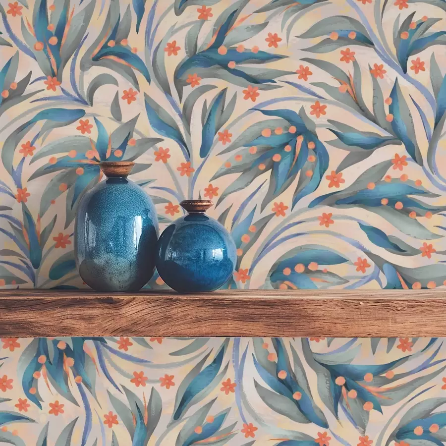 Fototapetes Abstrakts zils lapojums ar koraļļu ziediem a00852