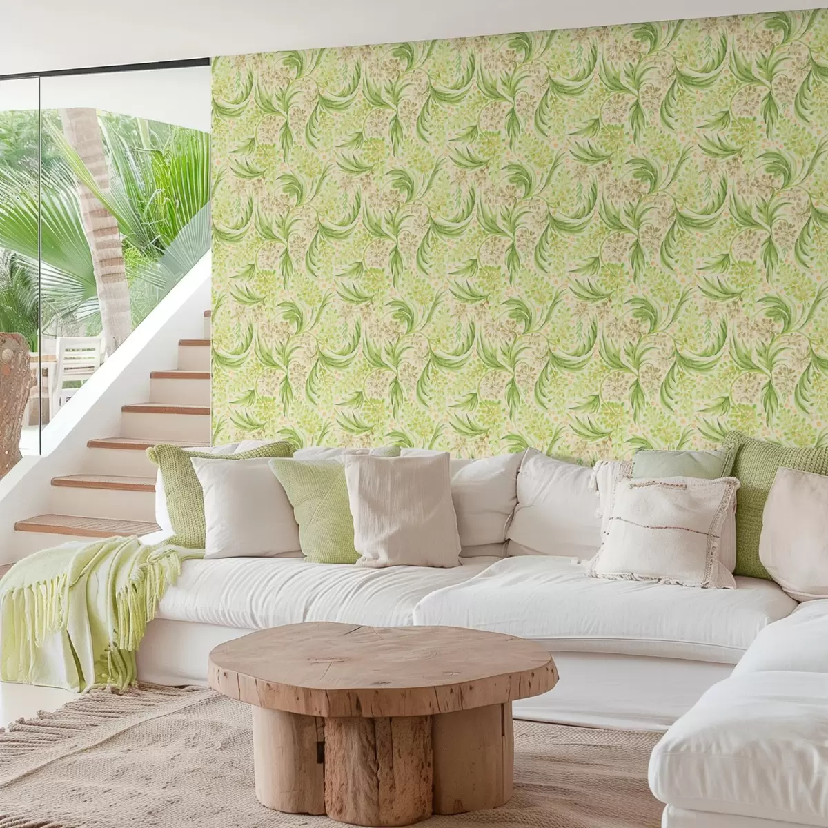 Tapetes Viegli ziedu raksti maigās zaļās nokrāsās a00853