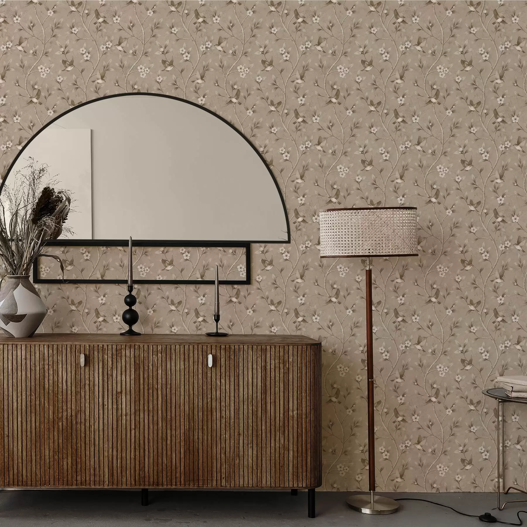 Fototapetes Putni un ziedošas zaras siltos sēpijas toņos a00882