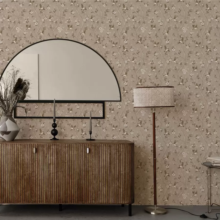 Fototapetes Putni un ziedošas zaras siltos sēpijas toņos a00882