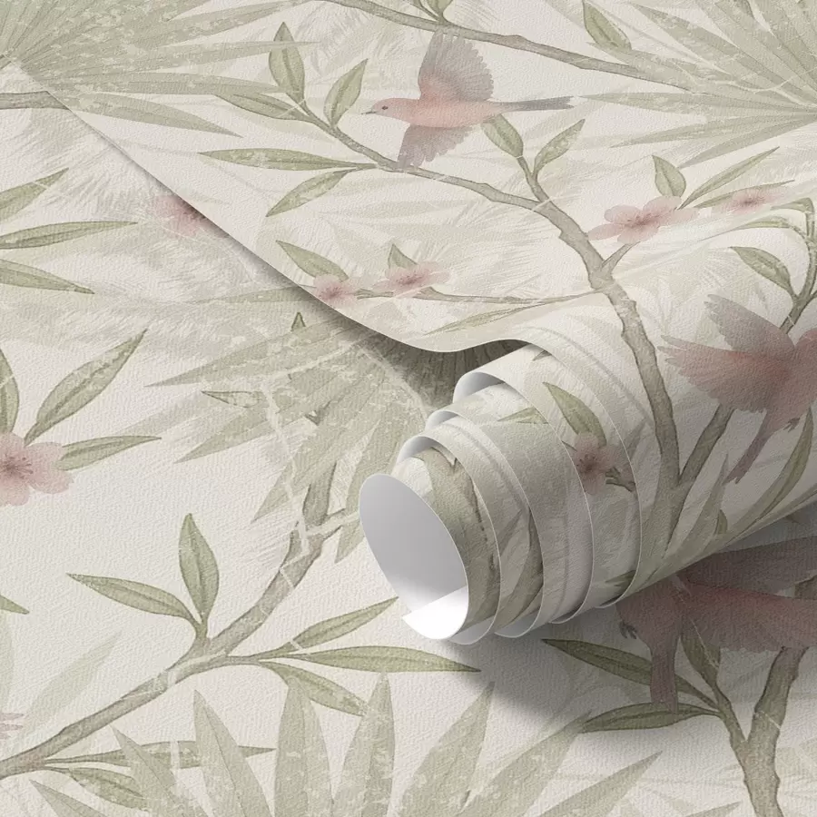 Fototapetes Maigi rozā putni palmu lapās a00883