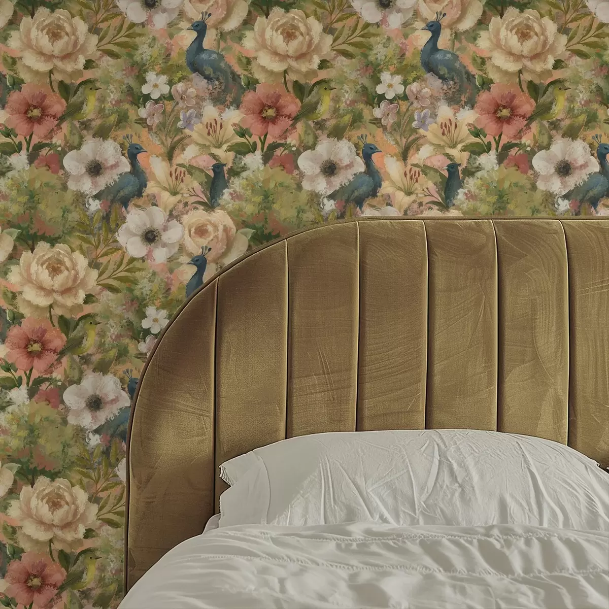 Tapetes Gleznieciskā dārzs ar pāvām un lieliem ziediem a00885