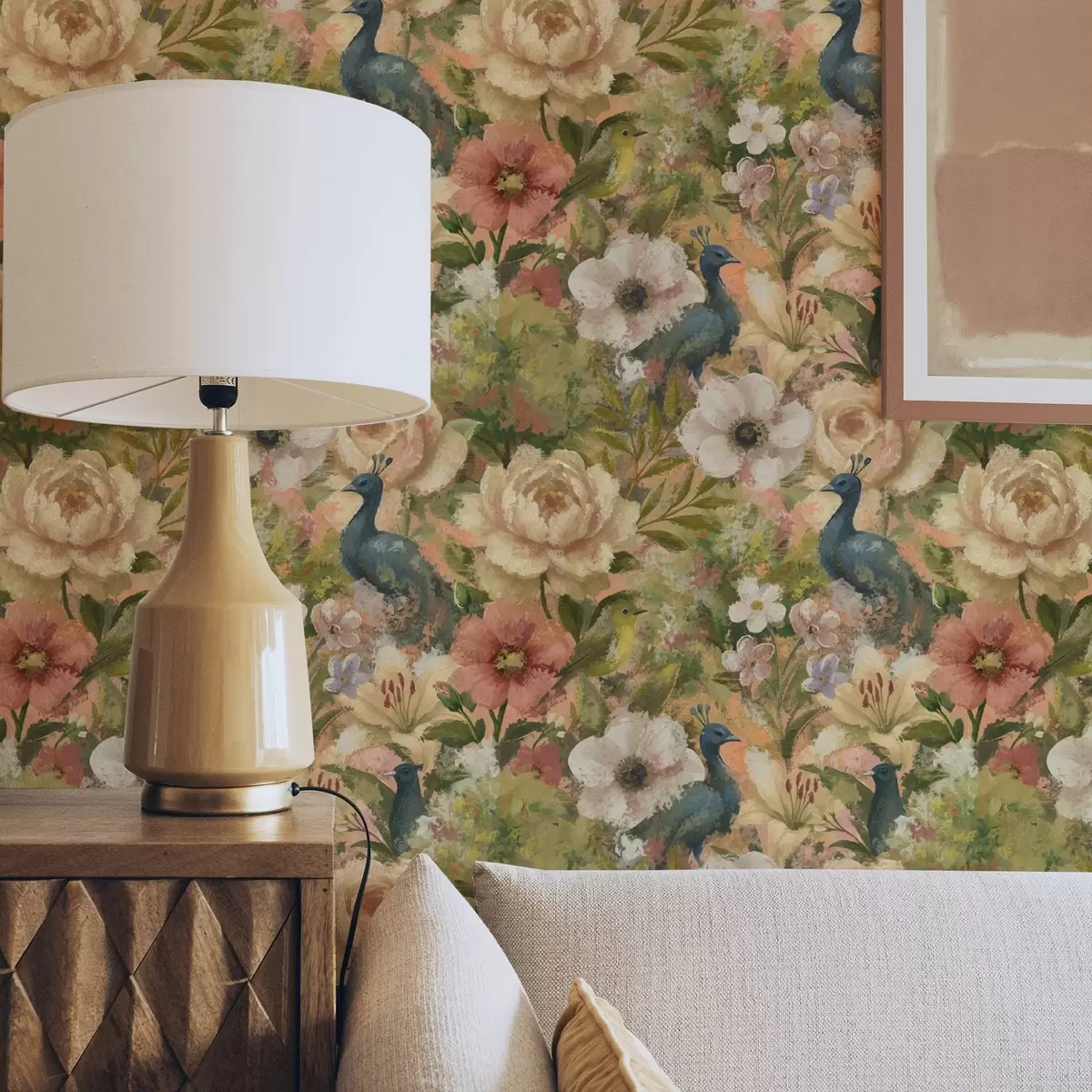 Tapetes Gleznieciskā dārzs ar pāvām un lieliem ziediem a00885