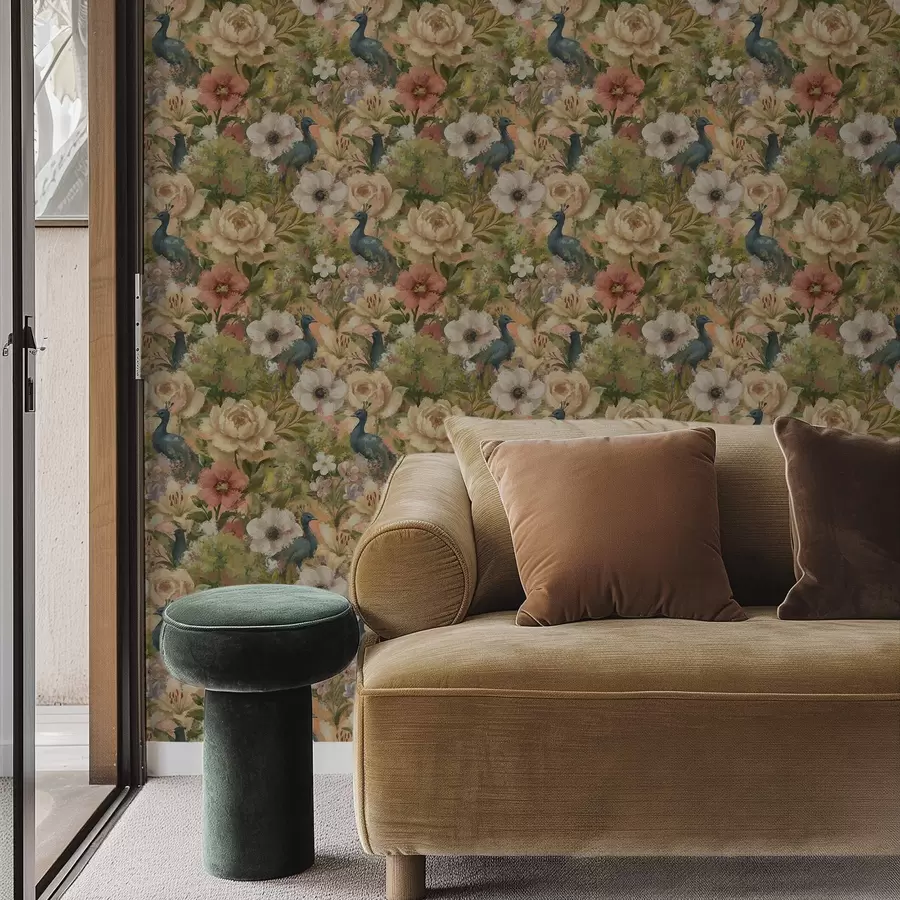 Fototapetes Gleznieciskā dārzs ar pāvām un lieliem ziediem a00885