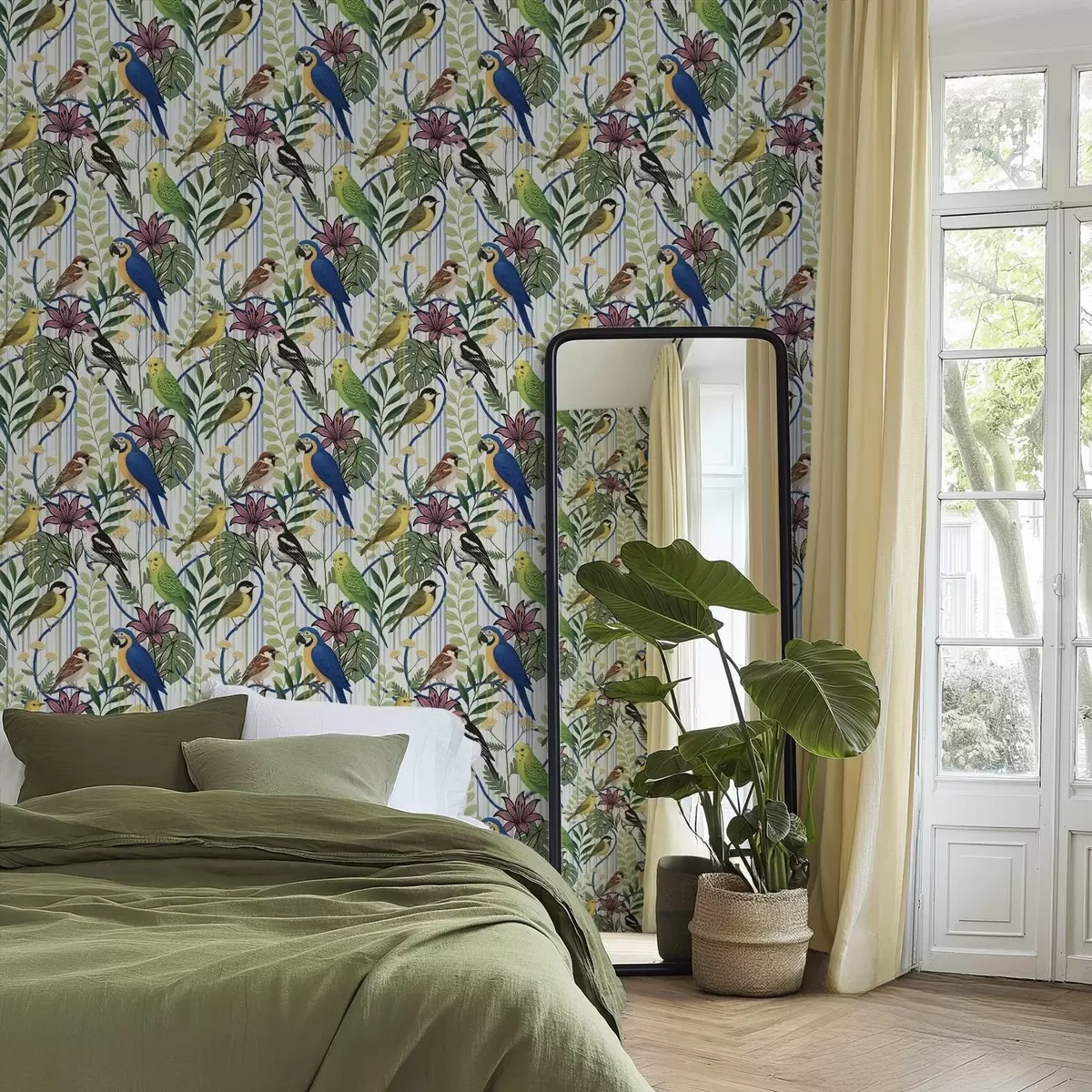 Tapetes Spilgti eksotiskie putni tropu zaļumos a00887