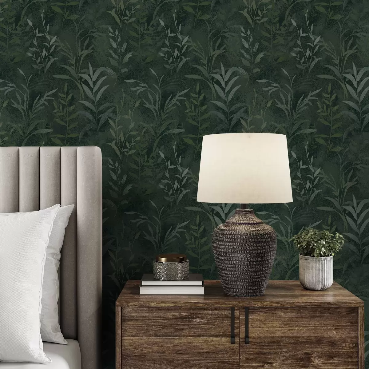 Tapetes Tumši zaļš fons ar caurspīdīgām lapu zarām a00888
