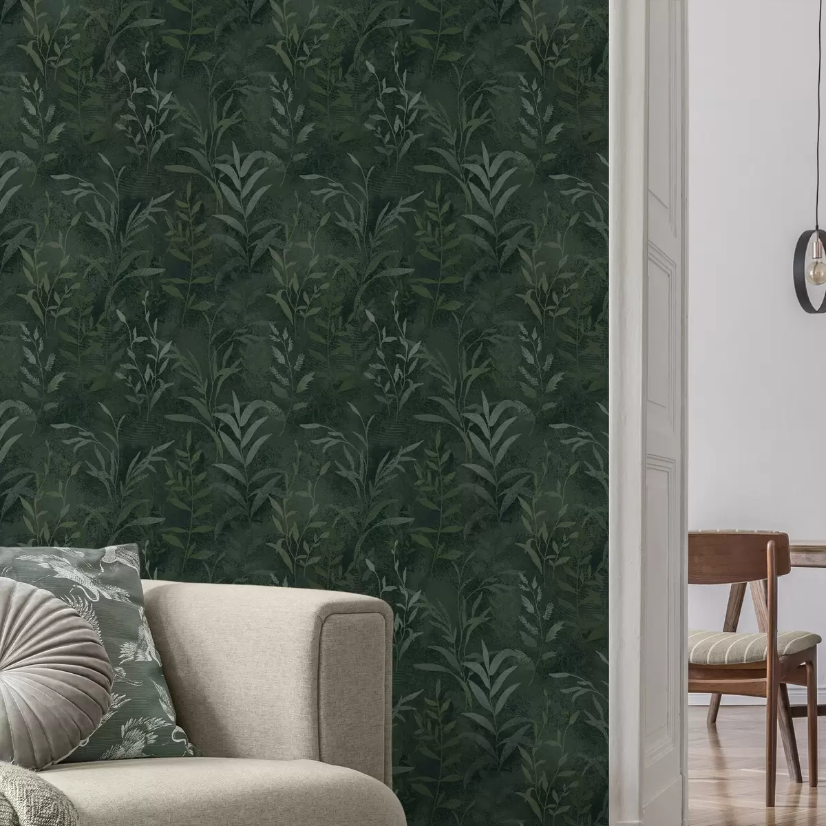 Tapetes Tumši zaļš fons ar caurspīdīgām lapu zarām a00888