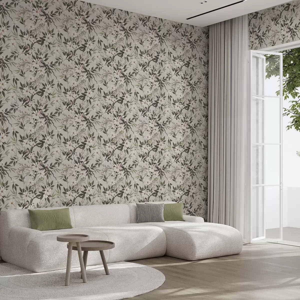 Tapetes Sarkanrīkles ar baltiem krūšiem uz zariem ar krēmkrāsas ziediem a00889