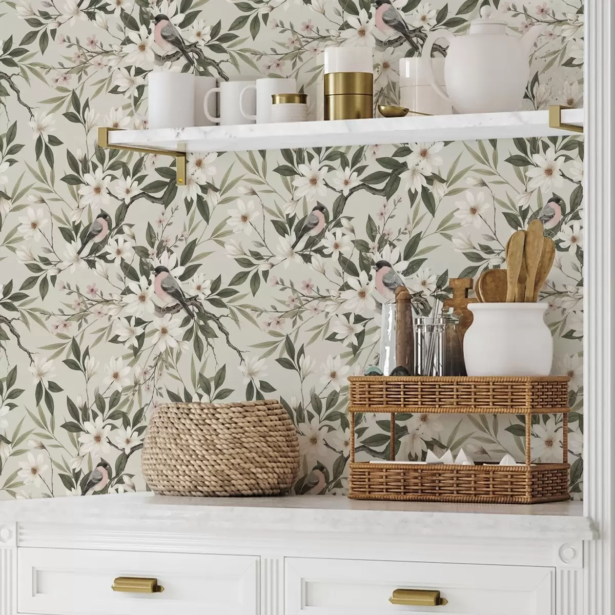 Tapetes Sarkanrīkles ar baltiem krūšiem uz zariem ar krēmkrāsas ziediem a00889