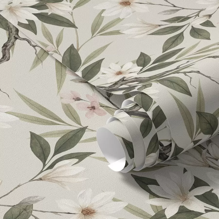 Fototapetes Sarkanrīkles ar baltiem krūšiem uz zariem ar krēmkrāsas ziediem a00889