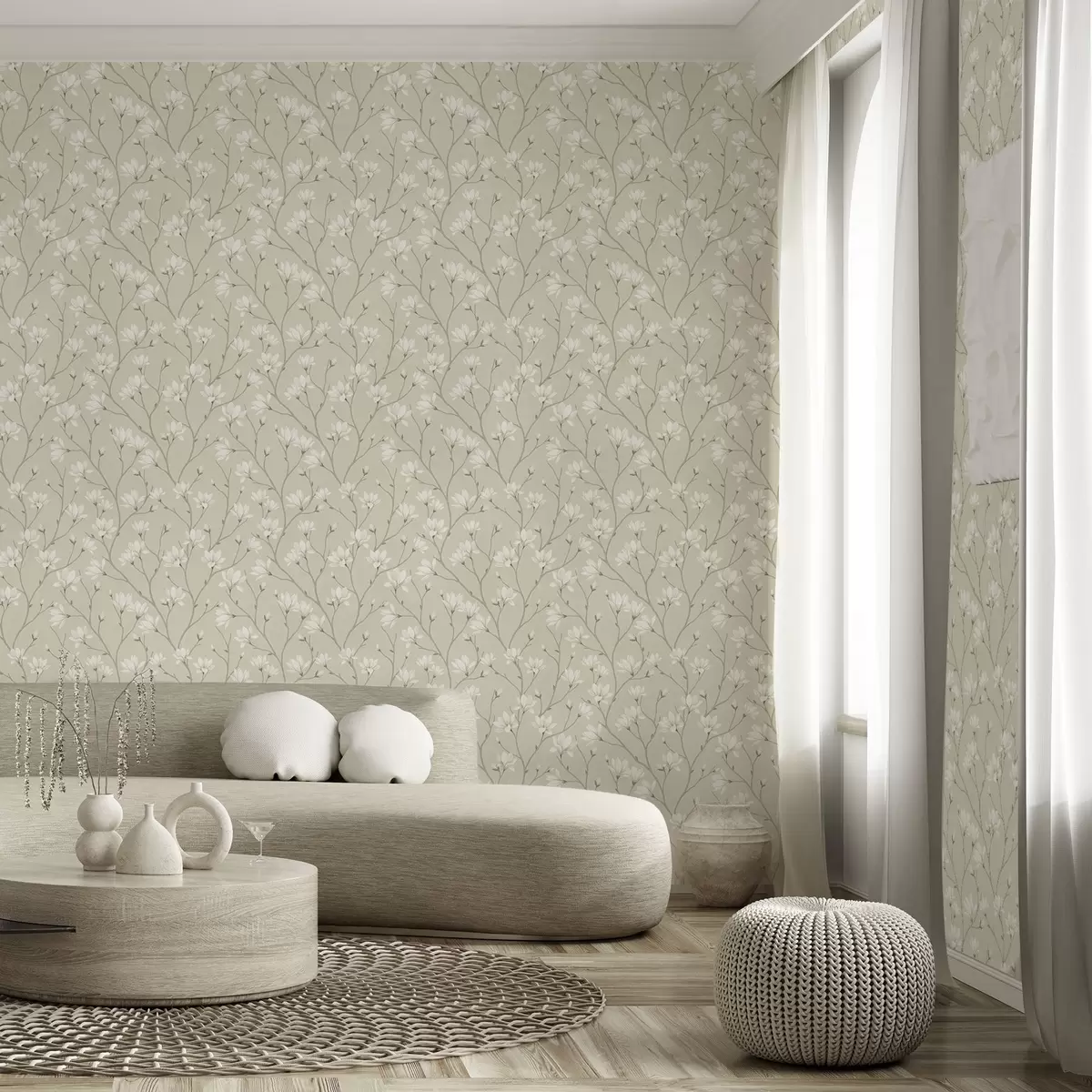 Tapetes Gaišas magnolijas uz slaidām smilškrāsas zarām a00890