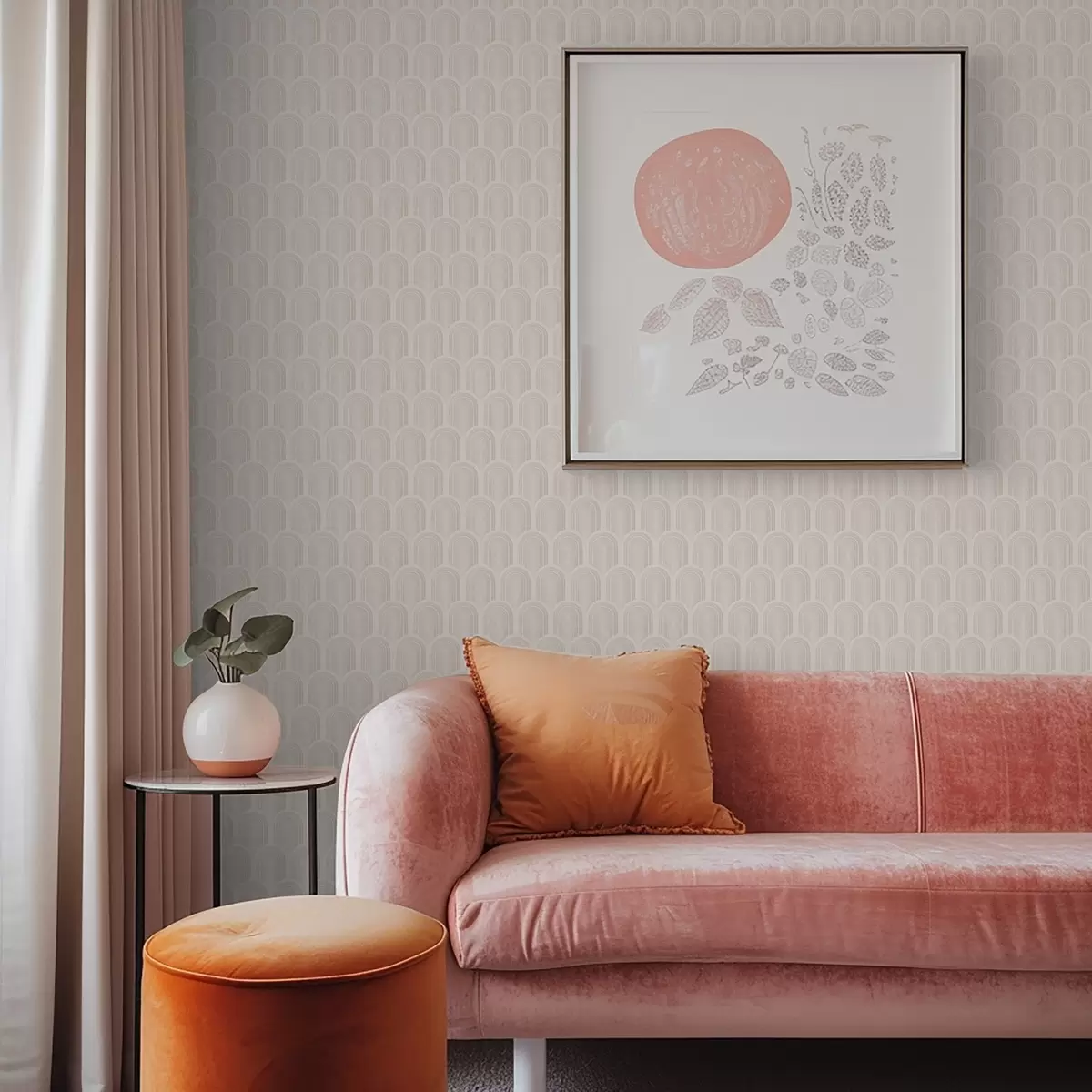 Tapetes Arku formas rinda ar maigām smilškrāsas svītrām, retro noskaņa a00923