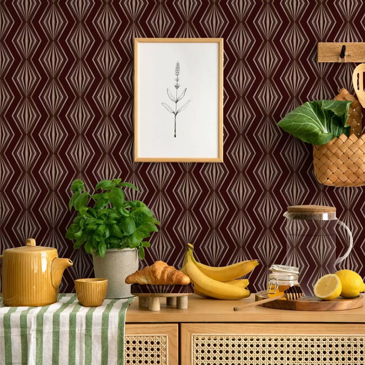 Tapetes Dimanta ģeometriskais raksts uz vīna brūna fona a00925v1