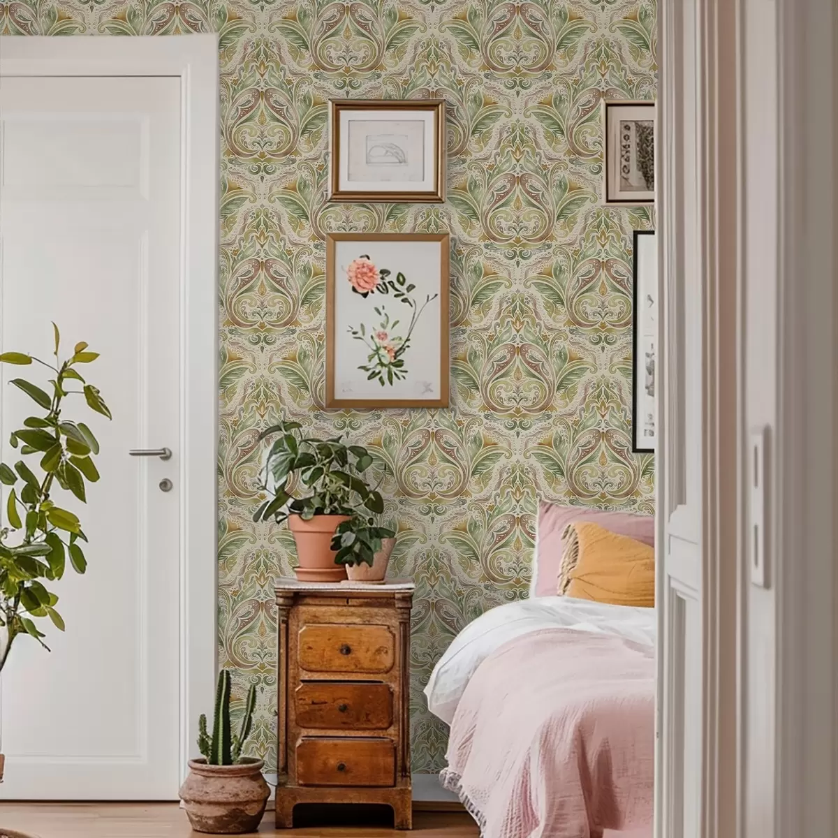 Tapetes Akvareļa lapu virpuļi zaļos un siltos okera toņos a00927