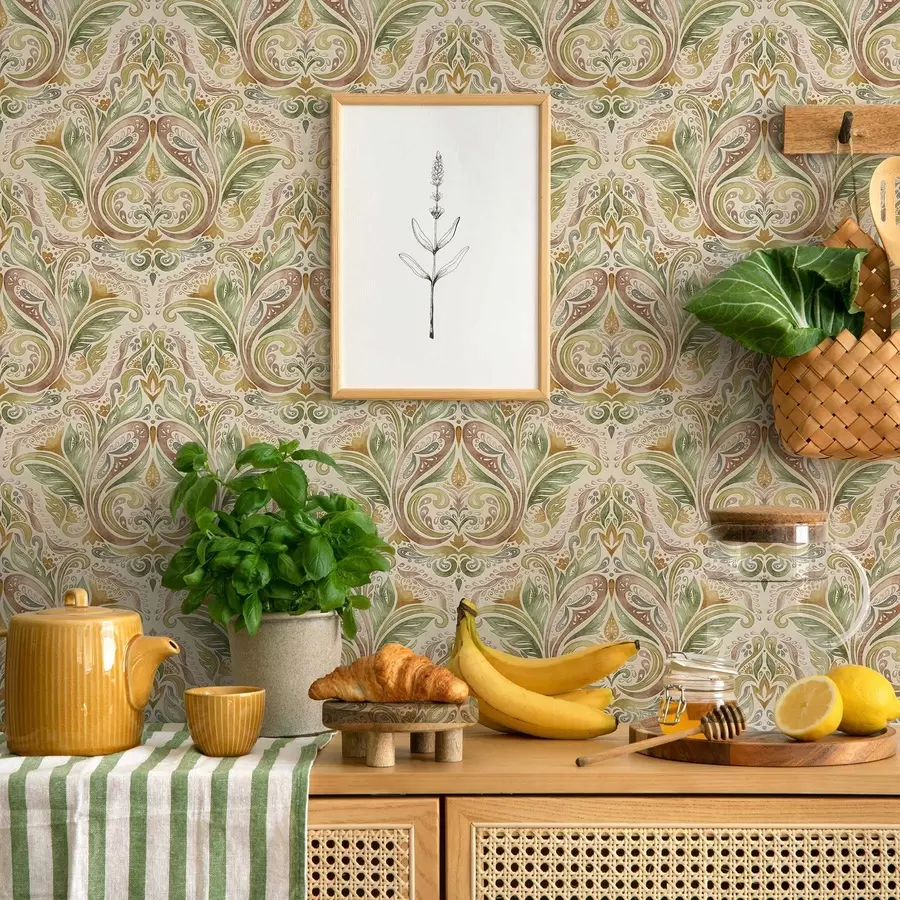 Fototapetes Akvareļa lapu virpuļi zaļos un siltos okera toņos a00927