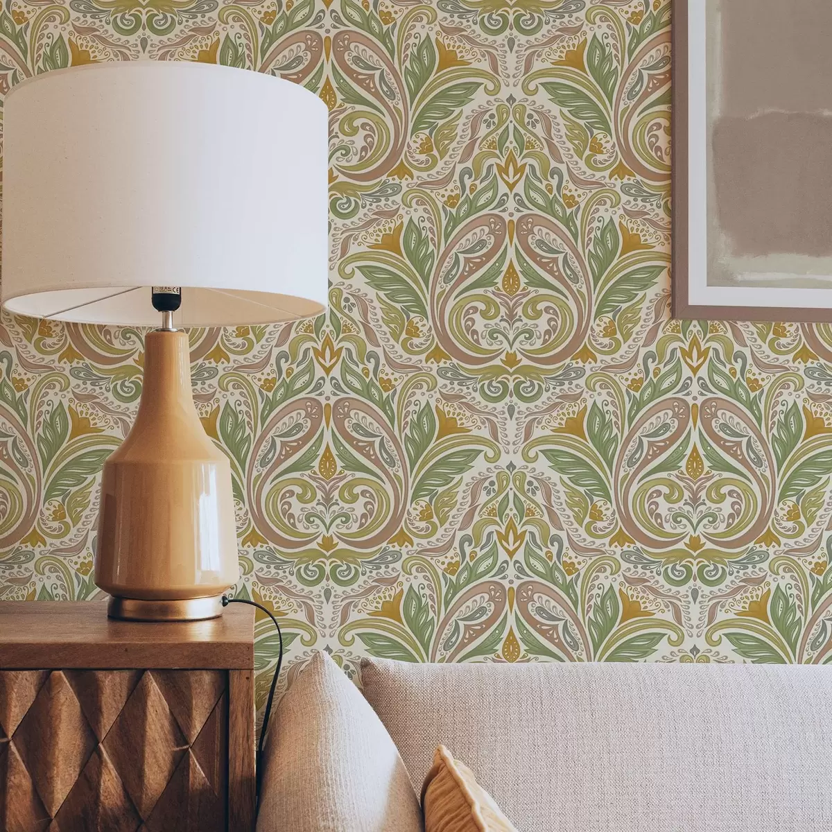 Tapetes Dekoratīvi lapu virpuļi zaļos un terakotas toņos a00927v1